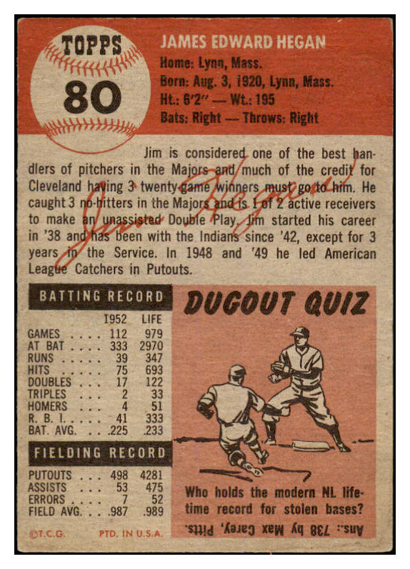 1953 Topps Baseball #080 Jim Hegan Indians EX 528715