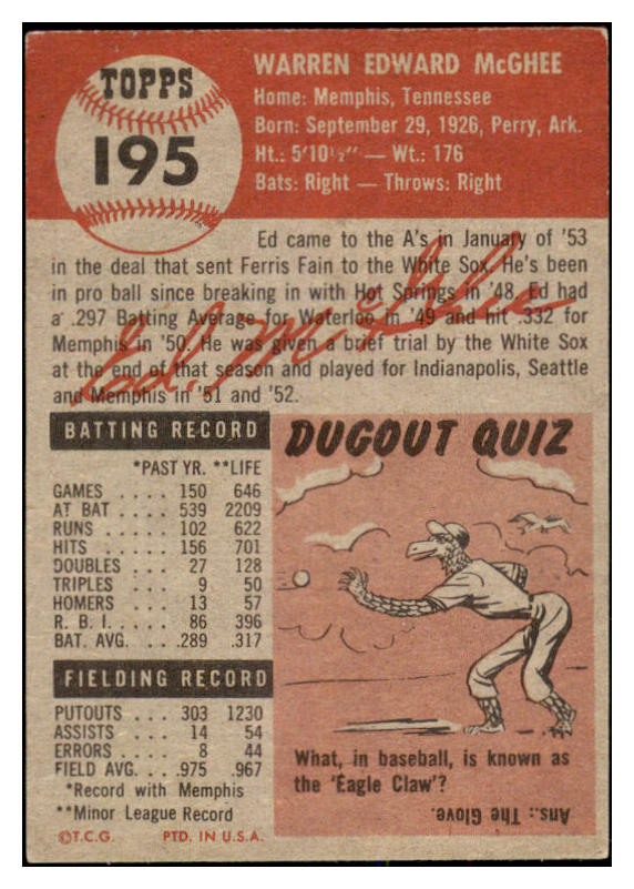1953 Topps Baseball #195 Ed McGhee A's EX 528726