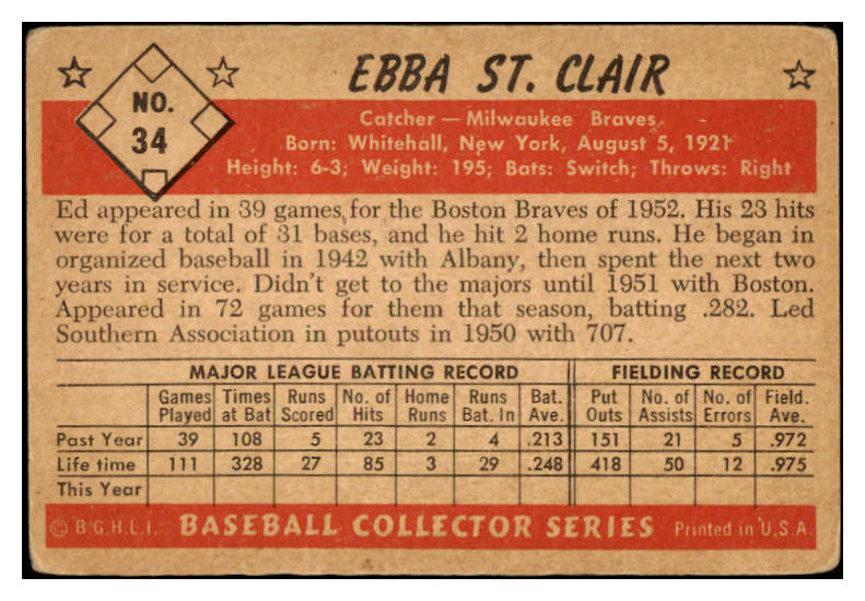 1953 Bowman Black & White Baseball #034 Ebba St. Claire Braves VG 528773