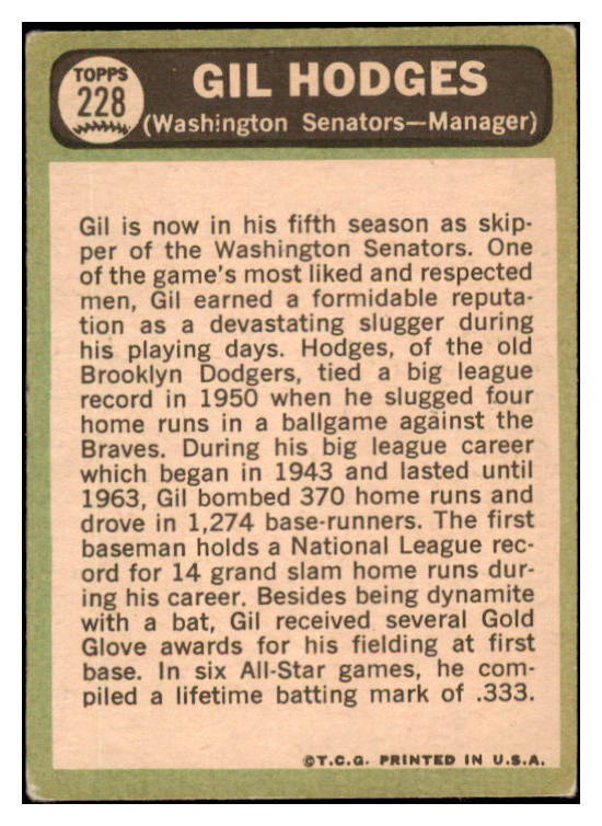 1967 Topps Baseball #228 Gil Hodges Senators VG 528902