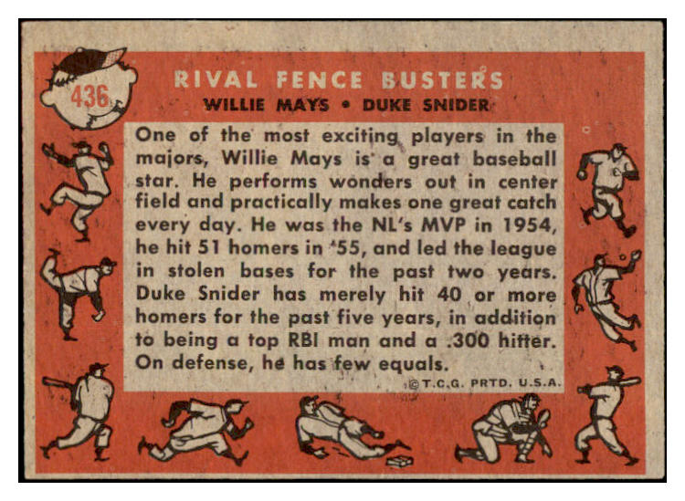 1958 Topps Baseball #436 Willie Mays Duke Snider VG-EX 529019