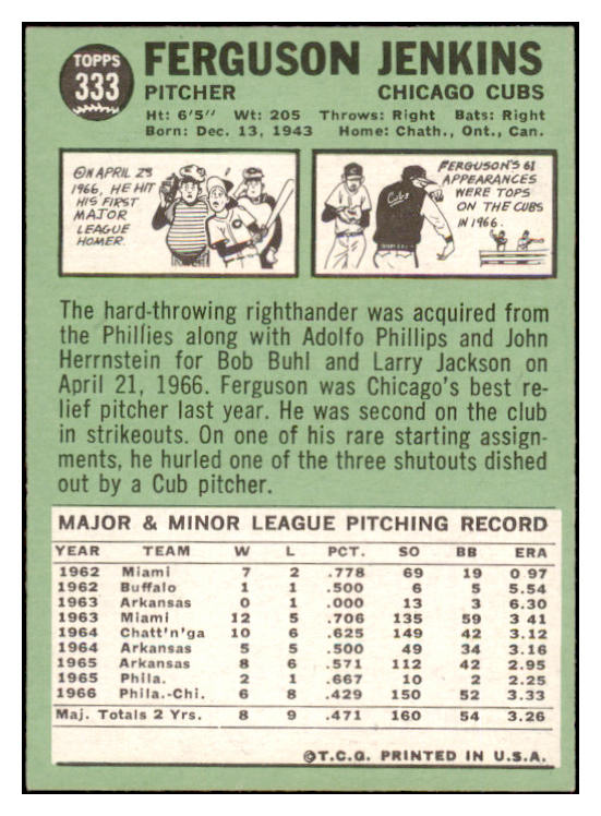 1967 Topps Baseball #333 Fergie Jenkins Cubs EX-MT 529216