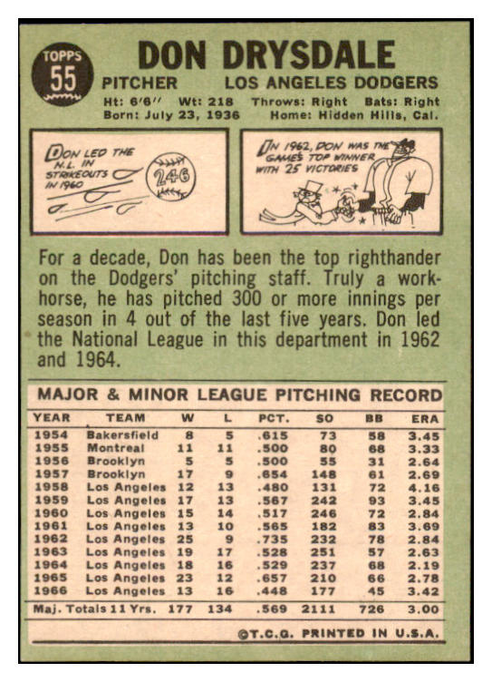 1967 Topps Baseball #055 Don Drysdale Dodgers EX-MT 529231