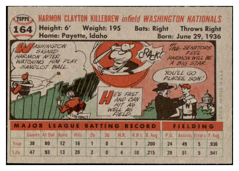 1956 Topps Baseball #164 Harmon Killebrew Senators EX-MT Gray 529283