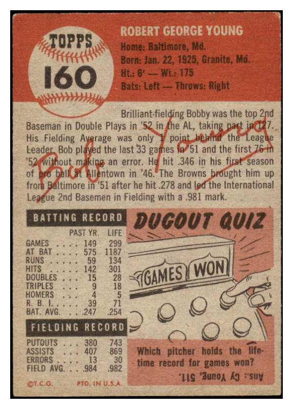 1953 Topps Baseball #160 Bob Young Browns EX-MT 529301
