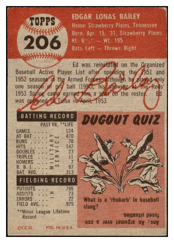 1953 Topps Baseball #206 Ed Bailey Reds EX+/EX-MT 529327
