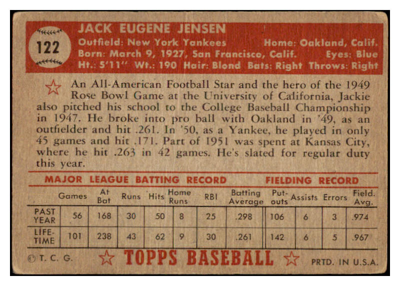 1952 Topps Baseball #122 Jackie Jensen Yankees VG-EX 529330