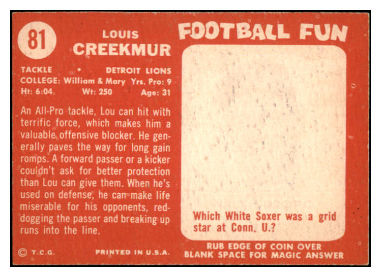 1958 Topps Football #081 Lou Creekmur Lions NR-MT 529501