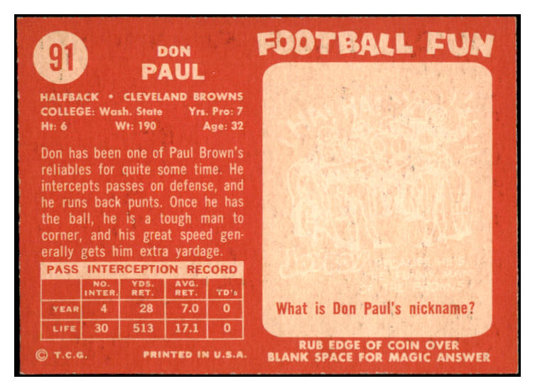 1958 Topps Football #091 Don Paul Browns NR-MT 529506
