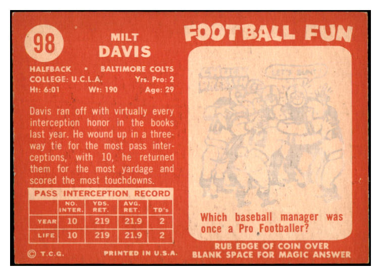 1958 Topps Football #098 Milt Davis Colts NR-MT 529512