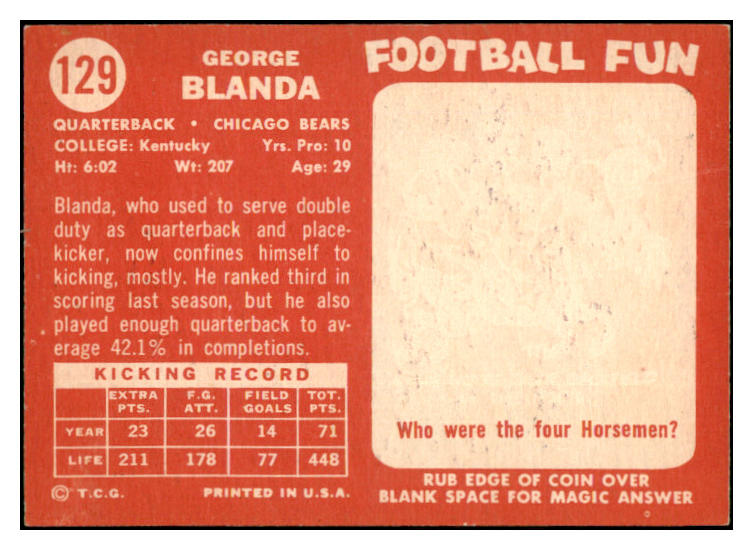 1958 Topps Football #129 George Blanda Bears EX-MT 529531