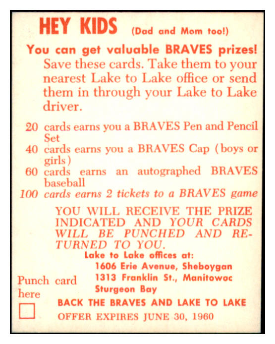 1960 Lake To Lake Bob Buhl Braves EX-MT 529535