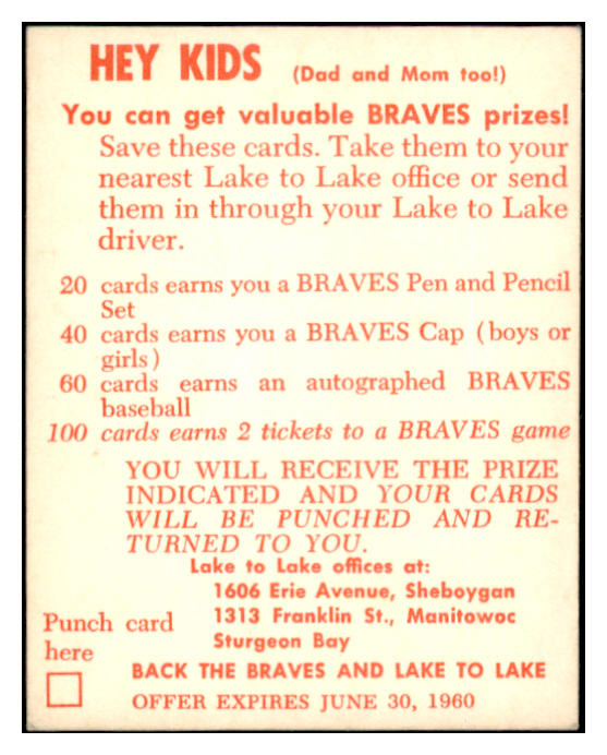 1960 Lake To Lake Del Crandall Braves EX-MT 529541