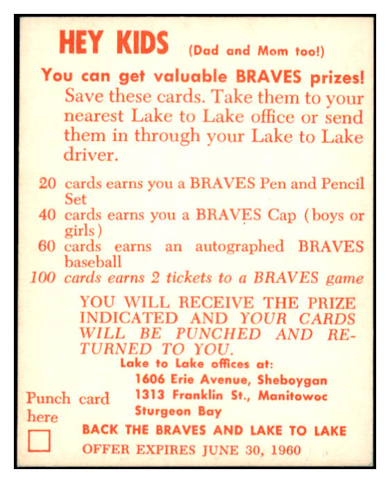 1960 Lake To Lake Charlie Dressen Braves EX-MT 529545