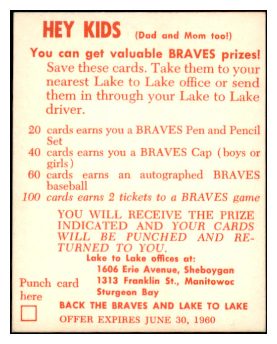 1960 Lake To Lake Charlie Dressen Braves EX-MT 529547