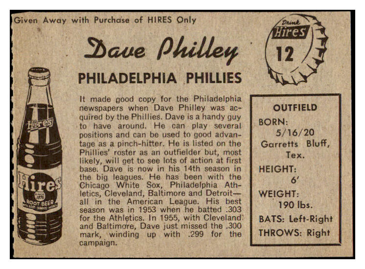 1958 Hires #012 Dave Philley Phillies NR-MT No Tab 529558