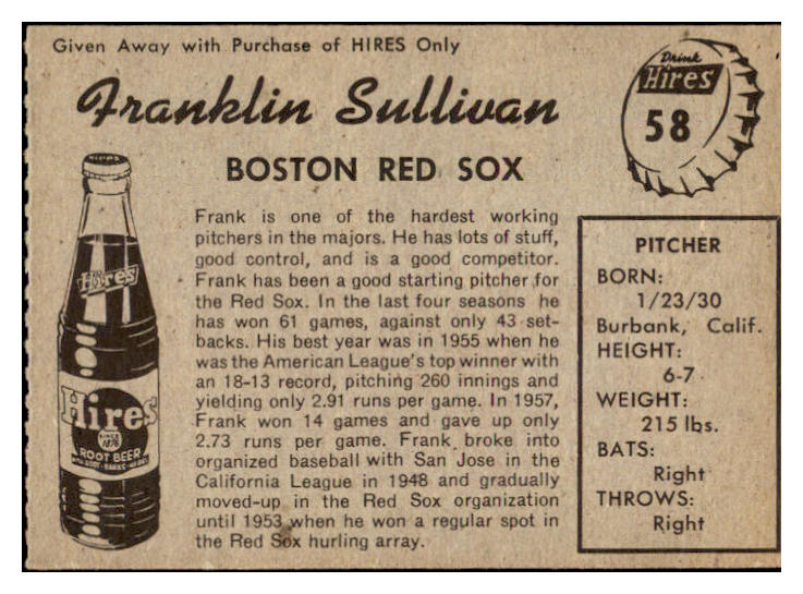 1958 Hires #058 Frank Sullivan Red Sox NR-MT No Tab 529597