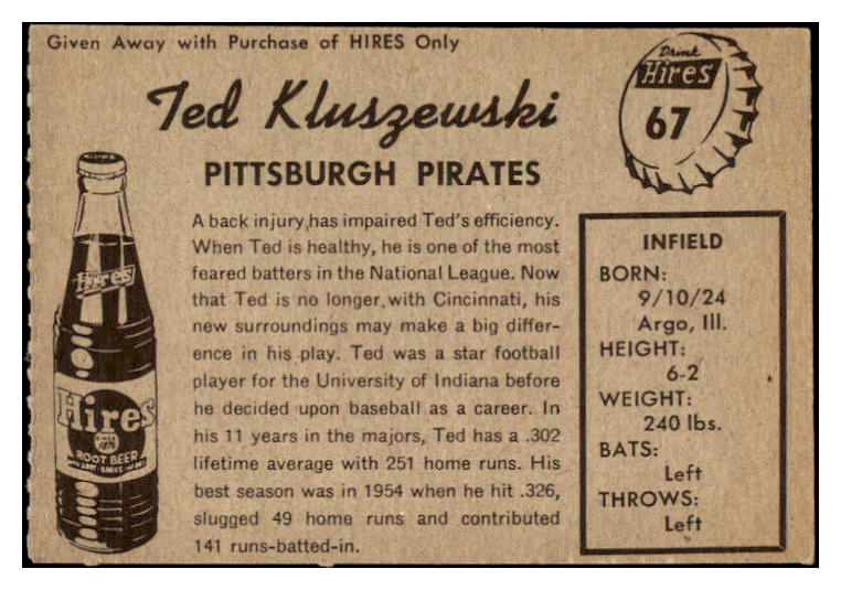 1958 Hires #067 Ted Kluszewski Pirates EX-MT No Tab 529604