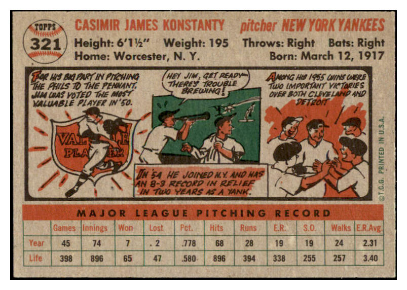 1956 Topps Baseball #321 Jim Konstanty Yankees EX-MT 529724