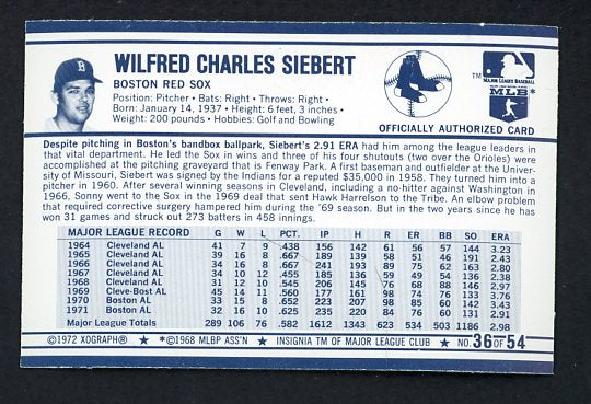 1972 Kelloggs #036 Sonny Siebert Red Sox NR-MT 530089