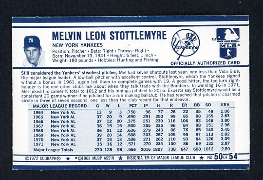 1972 Kelloggs #050 Mel Stottlemyre Yankees NR-MT 530121