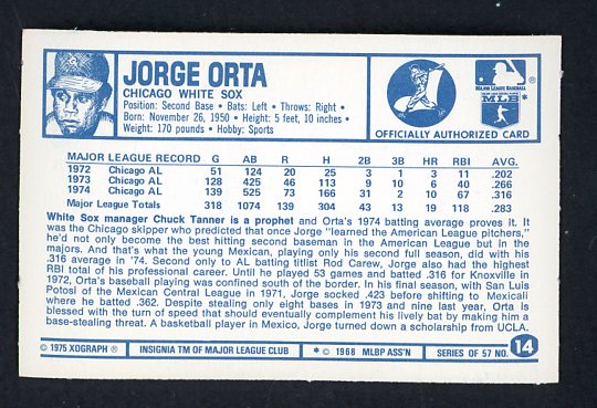 1975 Kelloggs Baseball #014 Jorge Orta White Sox NR-MT 530145
