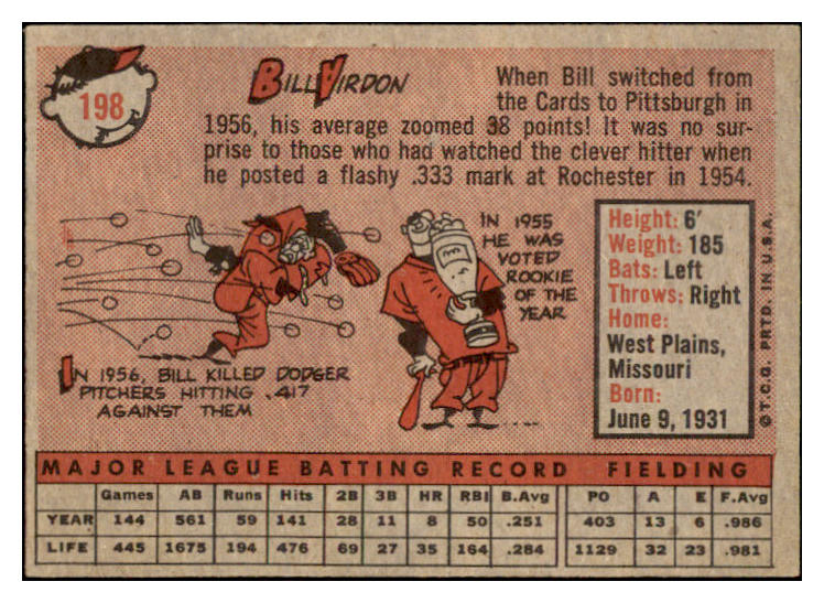 1958 Topps Baseball #198 Bill Virdon Pirates EX-MT 530203