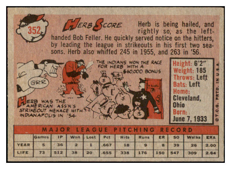 1958 Topps Baseball #352 Herb Score Indians EX-MT 530218