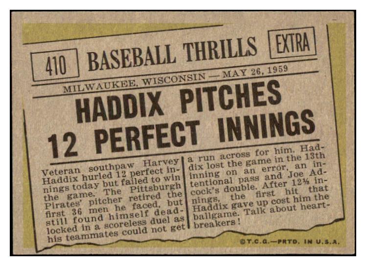 1961 Topps Baseball #410 Harvey Haddix IA Pirates EX-MT 530257
