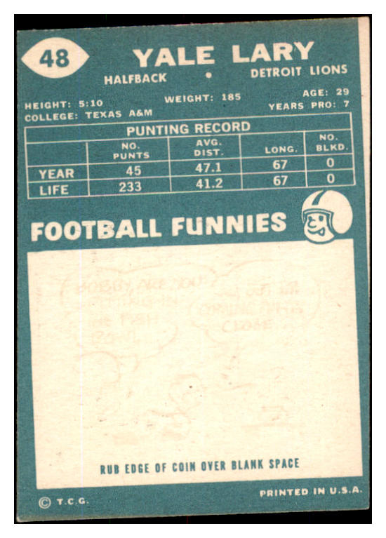 1960 Topps Football #048 Yale Lary Lions VG-EX 530518