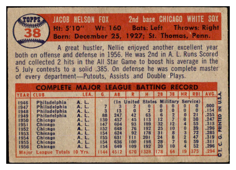 1957 Topps Baseball #038 Nellie Fox White Sox VG 530534
