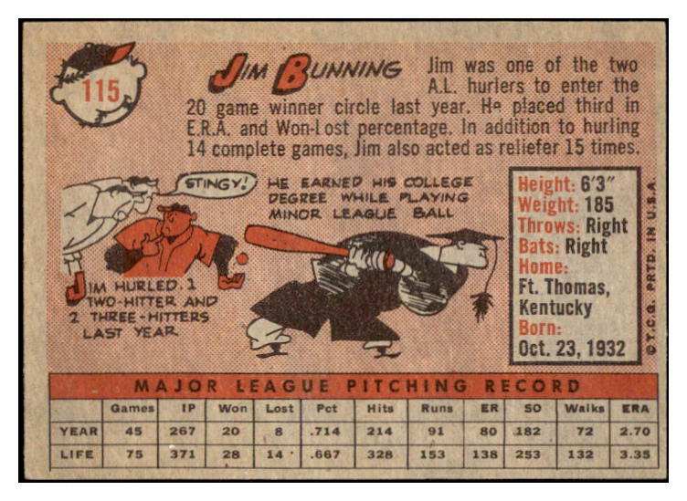 1958 Topps Baseball #115 Jim Bunning Tigers EX-MT 530535