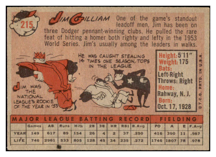 1958 Topps Baseball #215 Jim Gilliam Dodgers VG-EX 530563