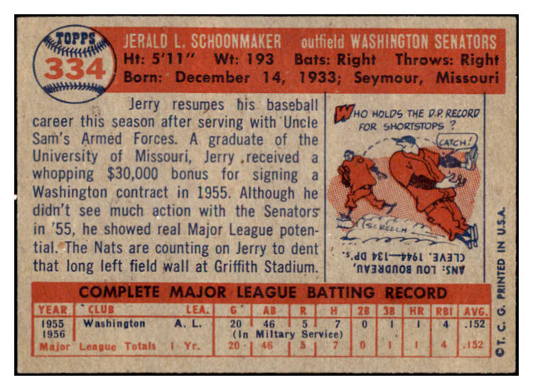 1957 Topps Baseball #334 Jerry Schoonmaker Senators EX 530618