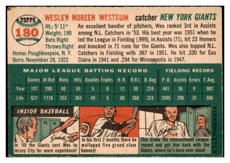 1954 Topps Baseball #180 Wes Westrum Giants VG-EX 530719