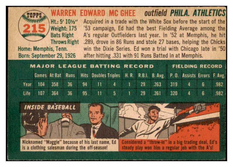 1954 Topps Baseball #215 Ed McGhee A's VG-EX 530735