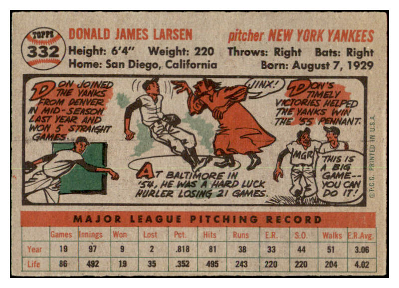 1956 Topps Baseball #332 Don Larsen Yankees EX+/EX-MT 530757