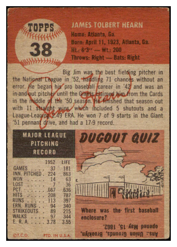 1953 Topps Baseball #038 Jim Hearn Giants GD-VG 530761