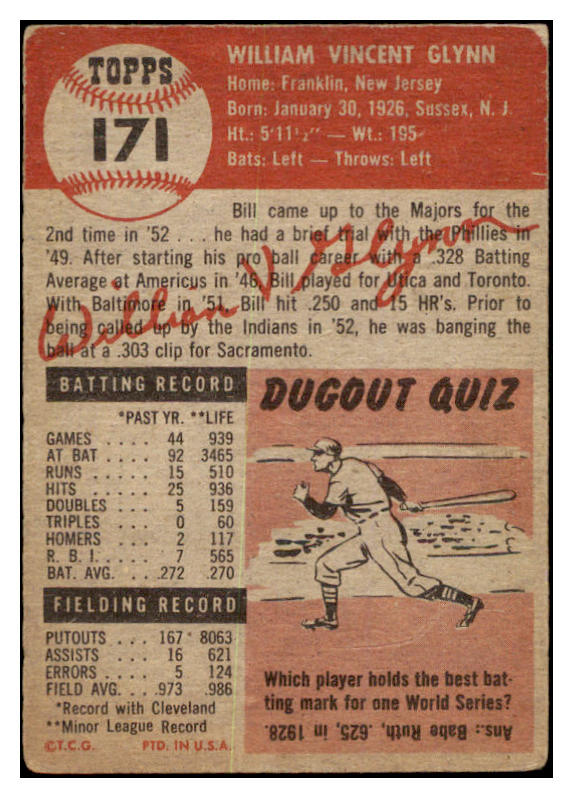 1953 Topps Baseball #171 Bill Glynn Indians VG 530763