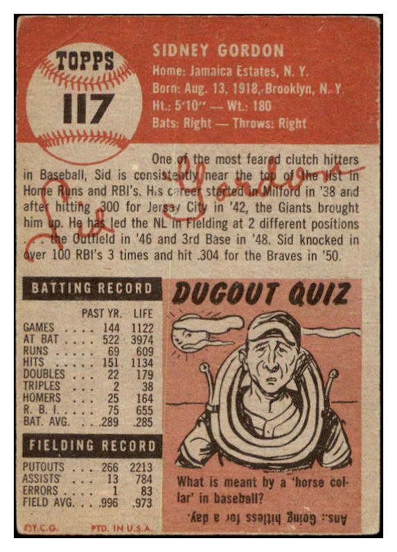 1953 Topps Baseball #117 Sid Gordon Braves VG 530764
