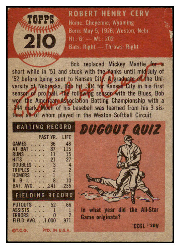 1953 Topps Baseball #210 Bob Cerv Yankees VG-EX 530800