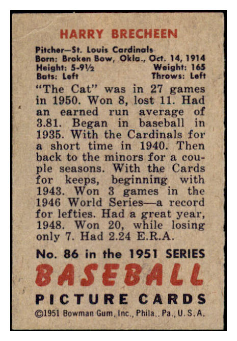 1951 Bowman Baseball #086 Harry Brecheen Cardinals VG-EX 530828
