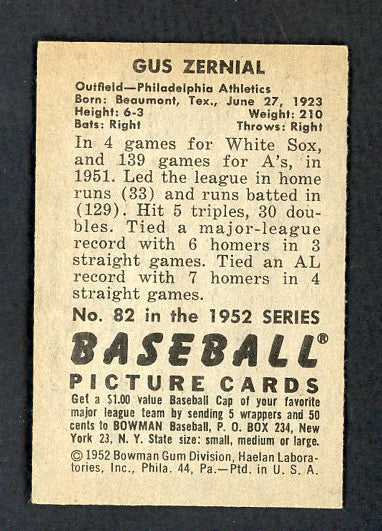 1952 Bowman Baseball #082 Gus Zernial A's EX 530847