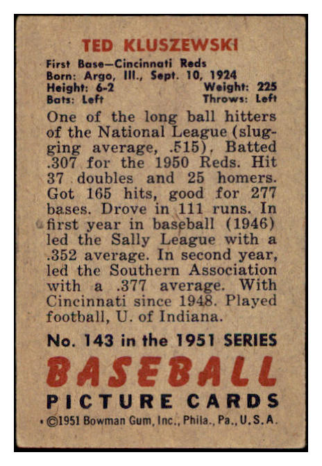 1951 Bowman Baseball #143 Ted Kluszewski Reds VG-EX 530852