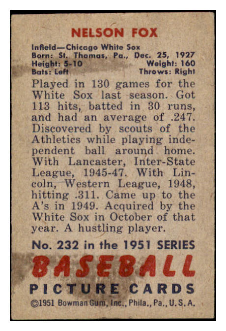 1951 Bowman Baseball #232 Nellie Fox White Sox EX 530855
