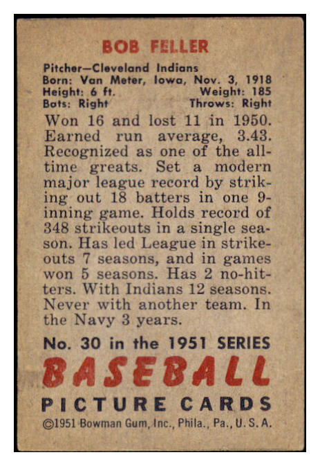 1951 Bowman Baseball #030 Bob Feller Indians EX 530857