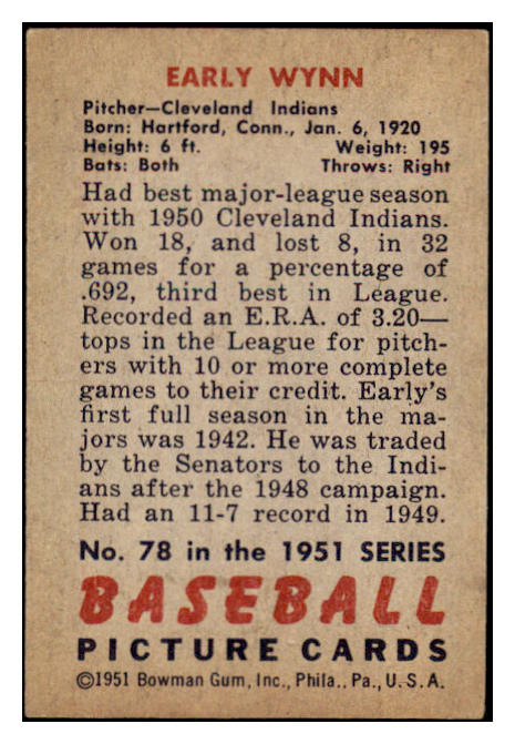 1951 Bowman Baseball #078 Early Wynn Indians EX 530860