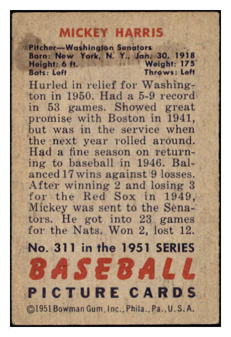 1951 Bowman Baseball #311 Mickey Harris Senators EX 530876