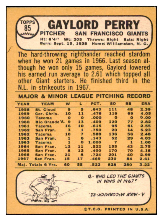 1968 Topps Baseball #085 Gaylord Perry Giants NR-MT 531292