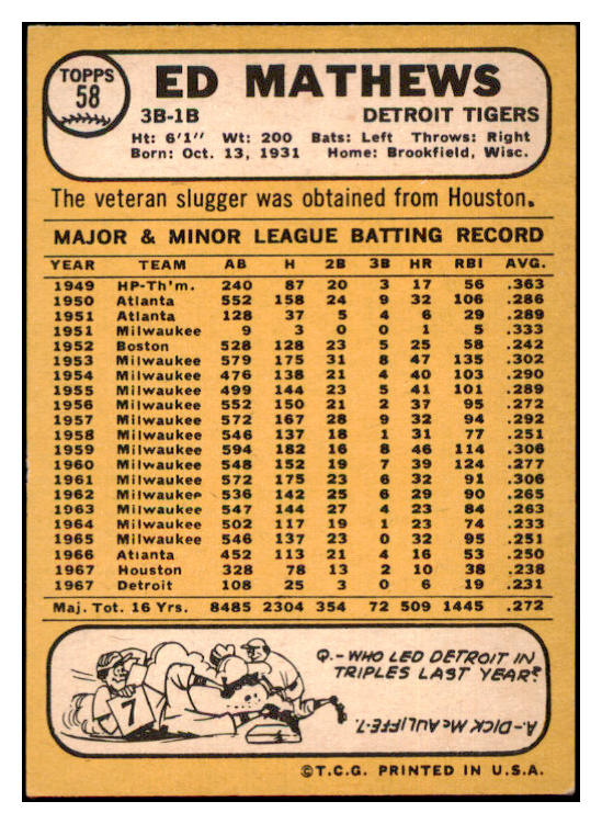 1968 Topps Baseball #058 Eddie Mathews Tigers NR-MT 531293